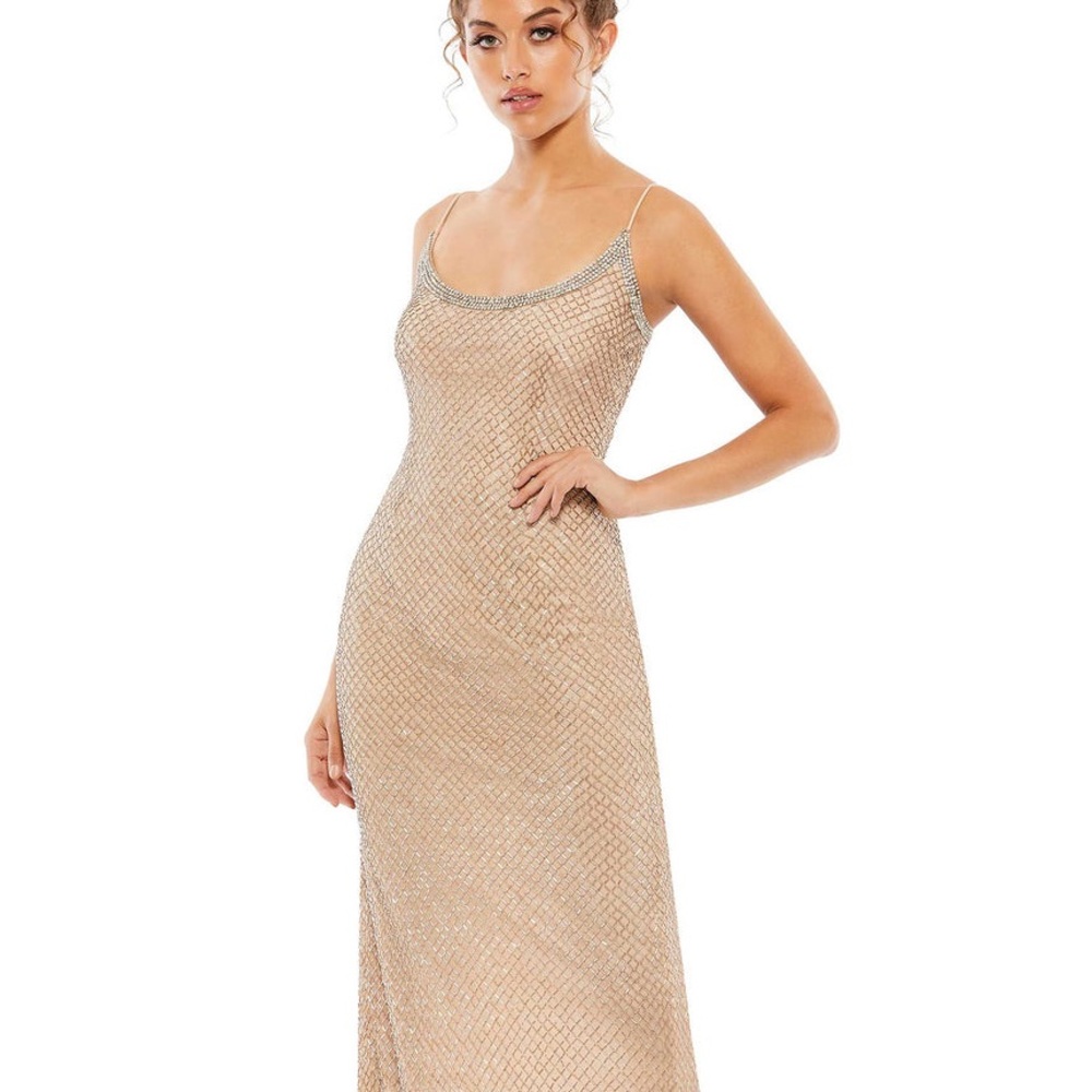 Mac Duggal Beaded Nude Tan column gown Formal Silver crystals 93551 Large 12